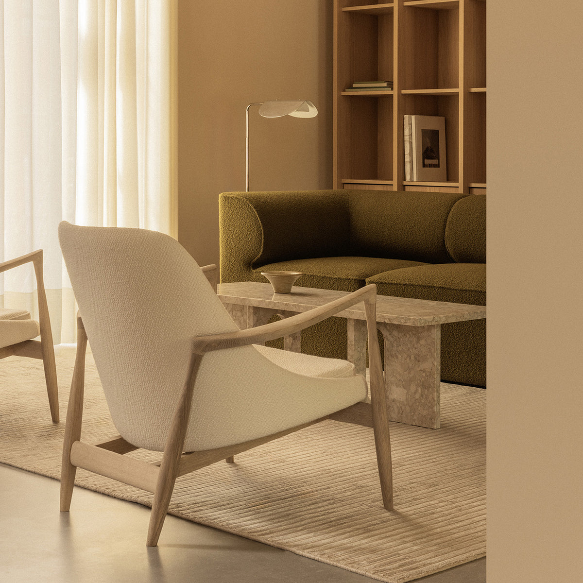 Elizabeth Lounge Chair in light textile and wood with an Androgyne Lounge