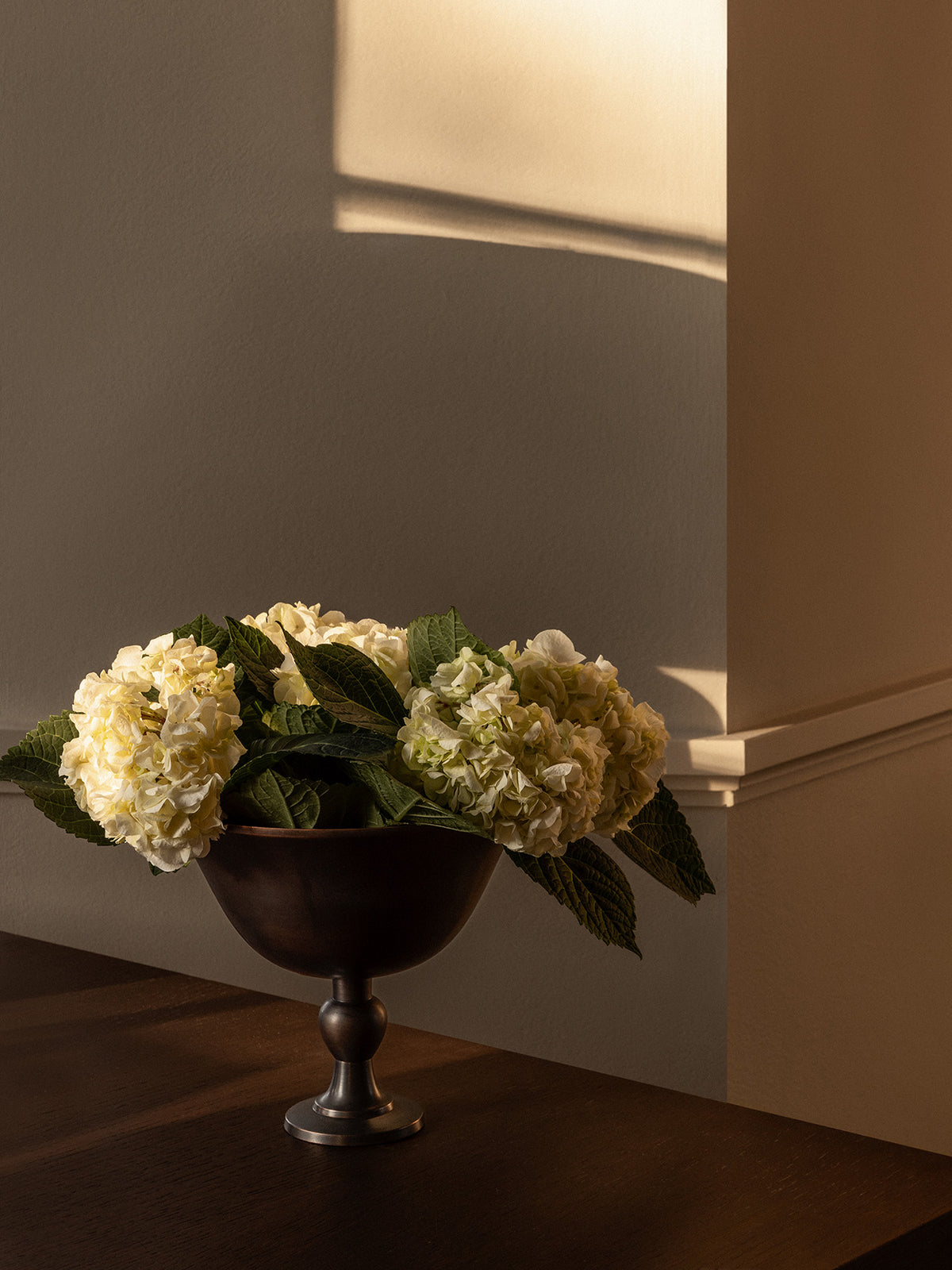 Bronze pedestal bowl with cream hydrangea blooms and green leaves on a