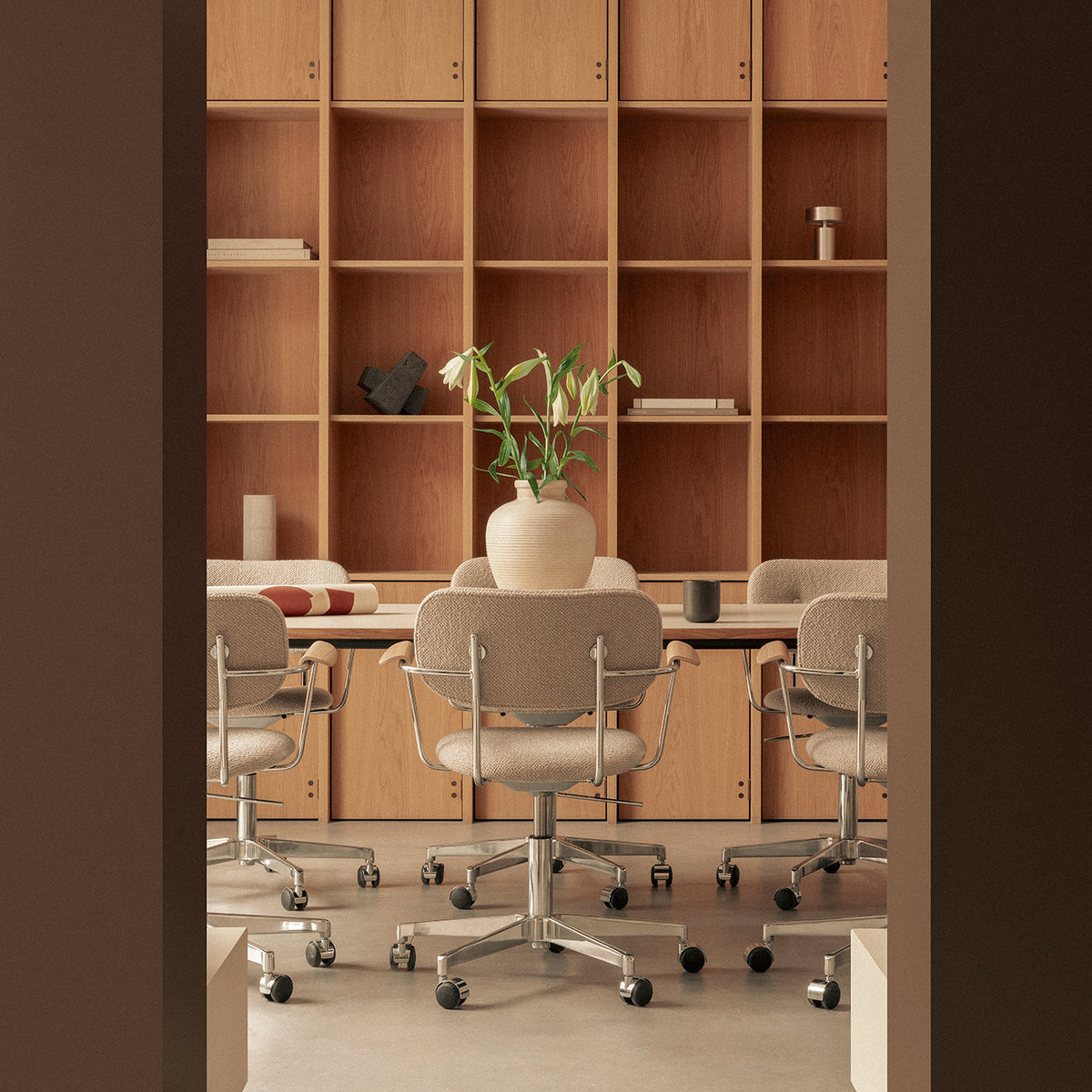 Harbour Office Chairs in light upholstery with steel bases set around a