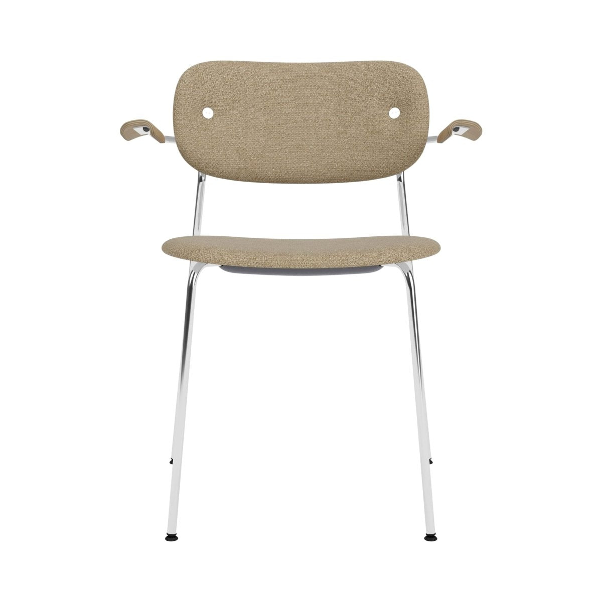 Co Dining Chair with arms, fully upholstered in beige fabric with a sleek chrome frame and wood veneer armrests.