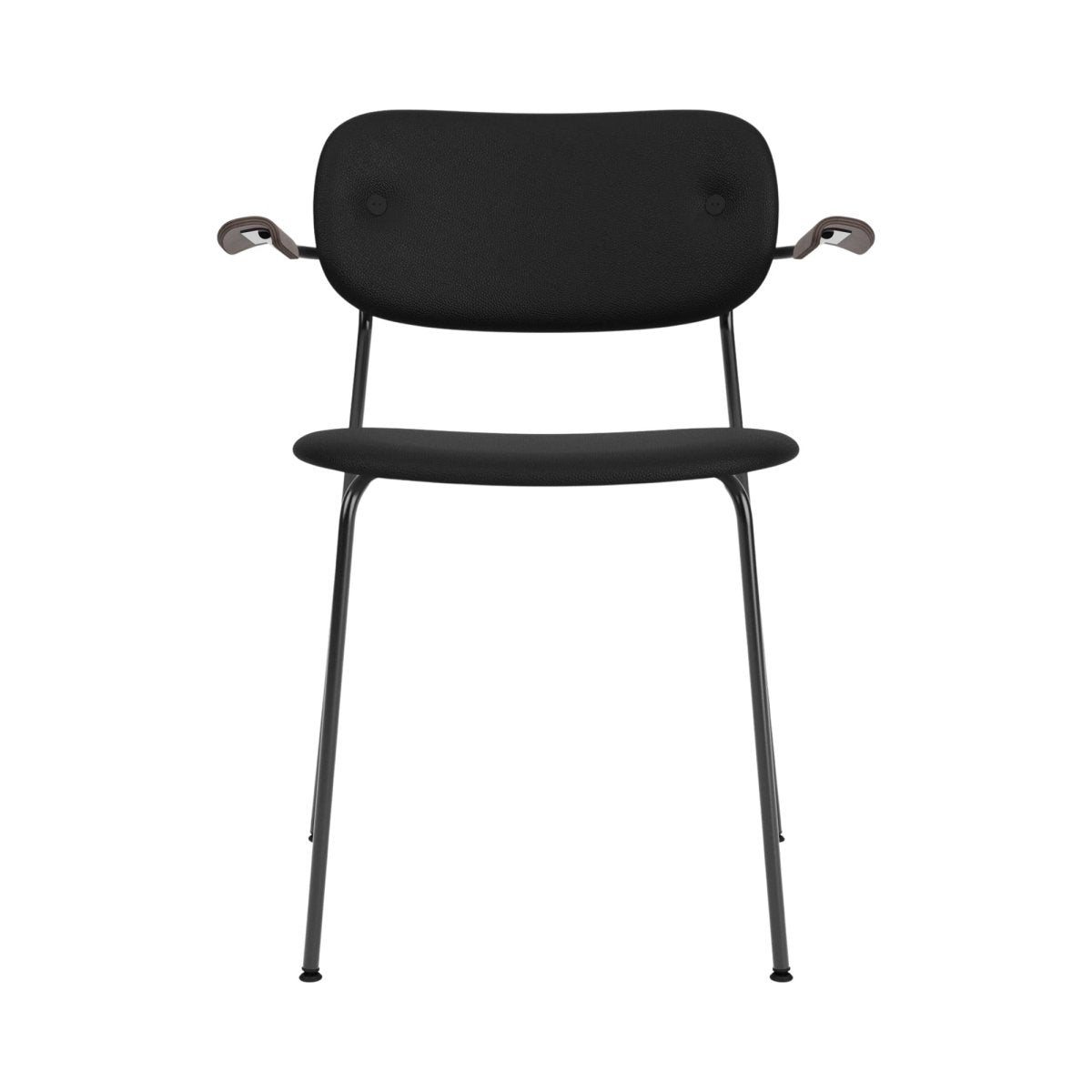 Front view of the fully upholstered Co Dining Chair with arms, featuring black leather and a sleek black steel frame.