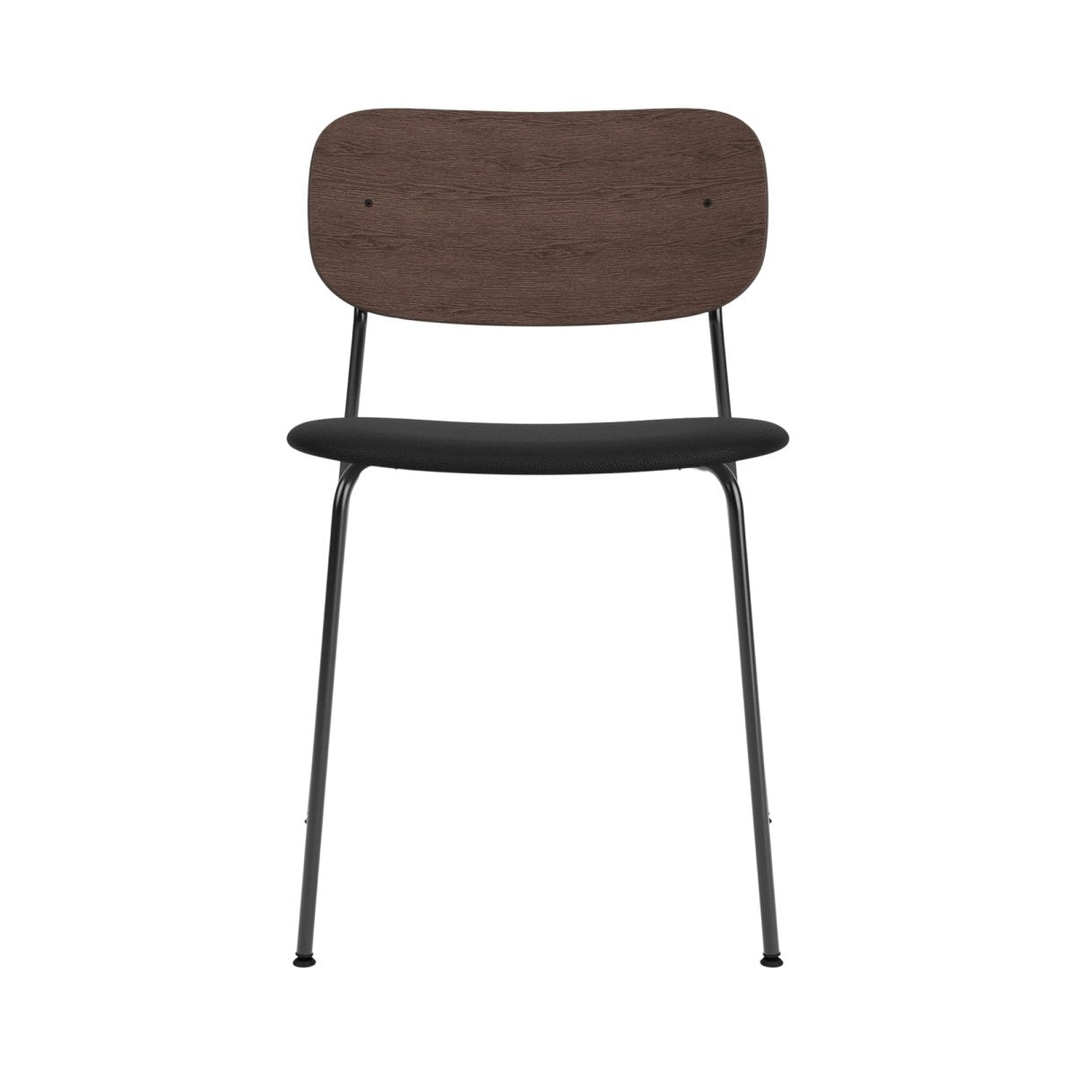 Co Dining Chair, Without Arms, with a dark-stained oak veneer backrest, black upholstered seat and black steel frame.
