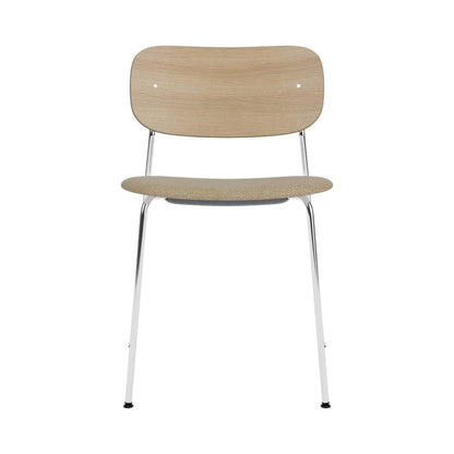 Co Dining Chair, Without Arms, Partially Upholstered with a light oak back, beige seat, and polished chrome frame.