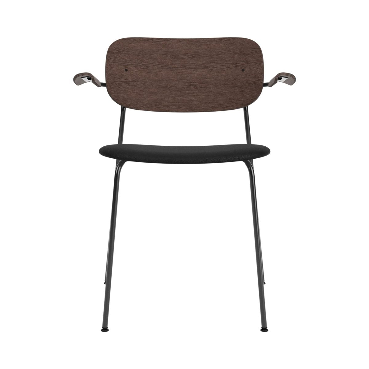 Front view of the Co Dining Chair With Arms, featuring dark-stained oak, a black upholstered seat and black steel frame.