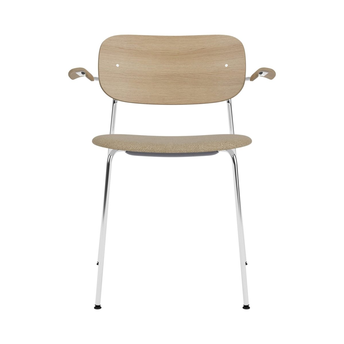 Co Dining Chair with arms, featuring a light oak veneer back and sand-colored upholstered seat on a polished chrome frame.