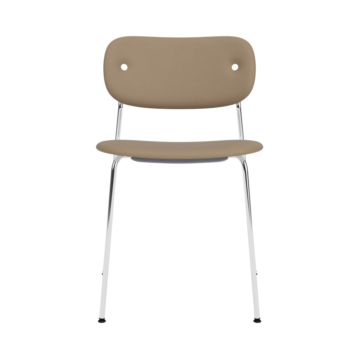 The fully upholstered Co Dining Chair without arms, featuring tan leather and a minimalist, polished chrome frame.