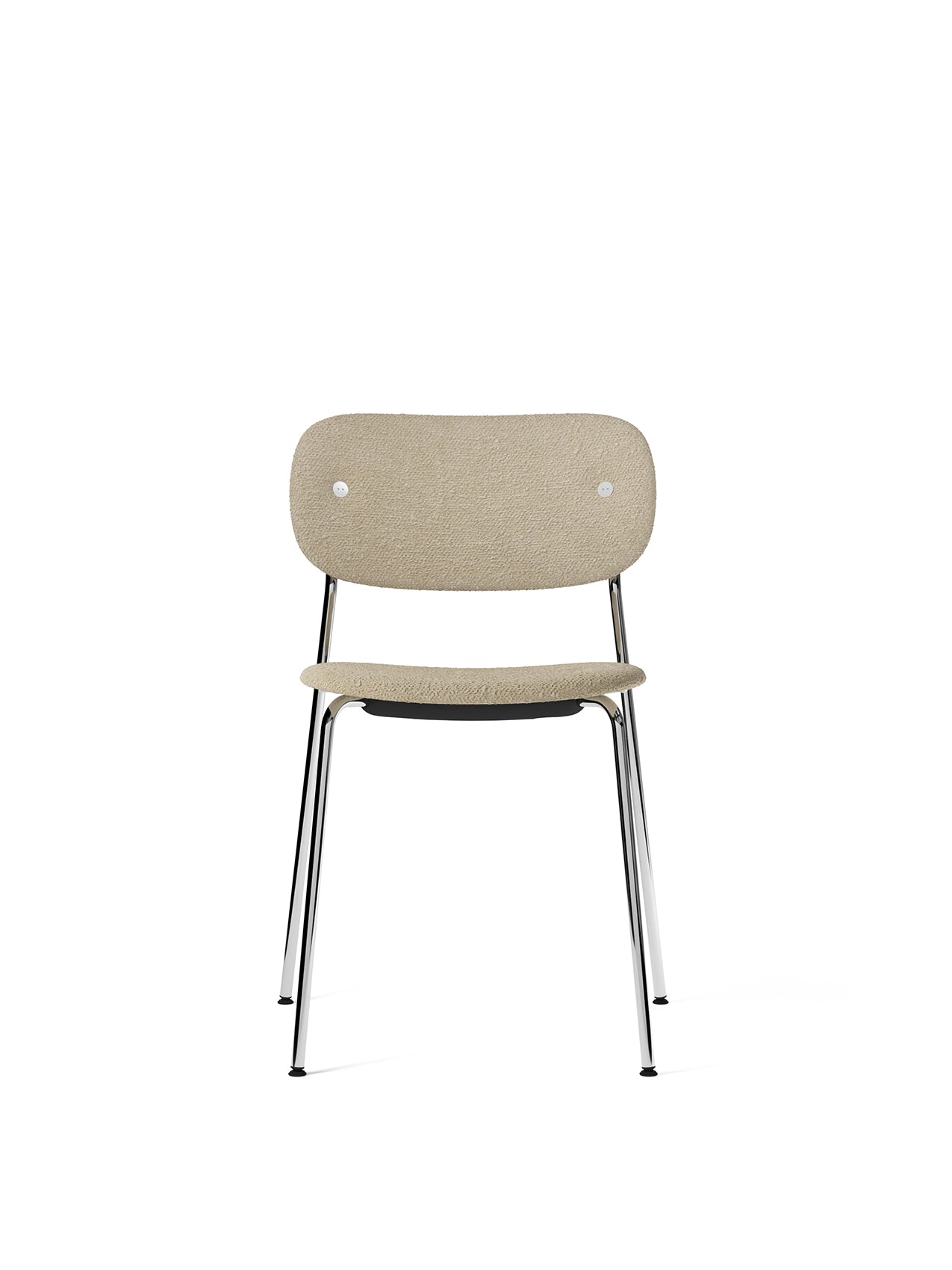 Front view of the Co Dining Chair without arms in beige Audo Bouclé 02 upholstery with a polished chrome frame.