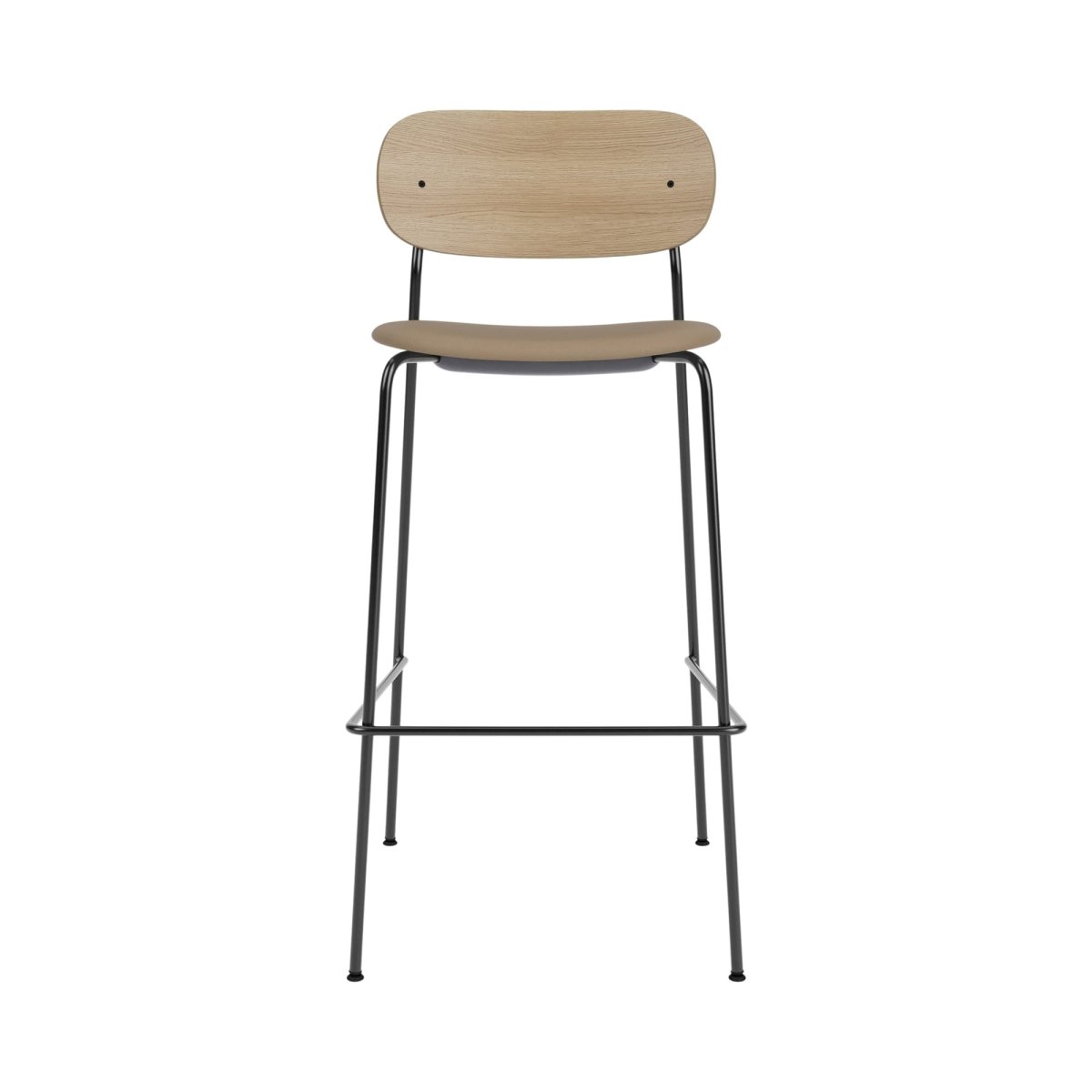 Co Bar Chair, Upholstered, with a light oak back, tan seat and black powder-coated steel frame shown from the front.