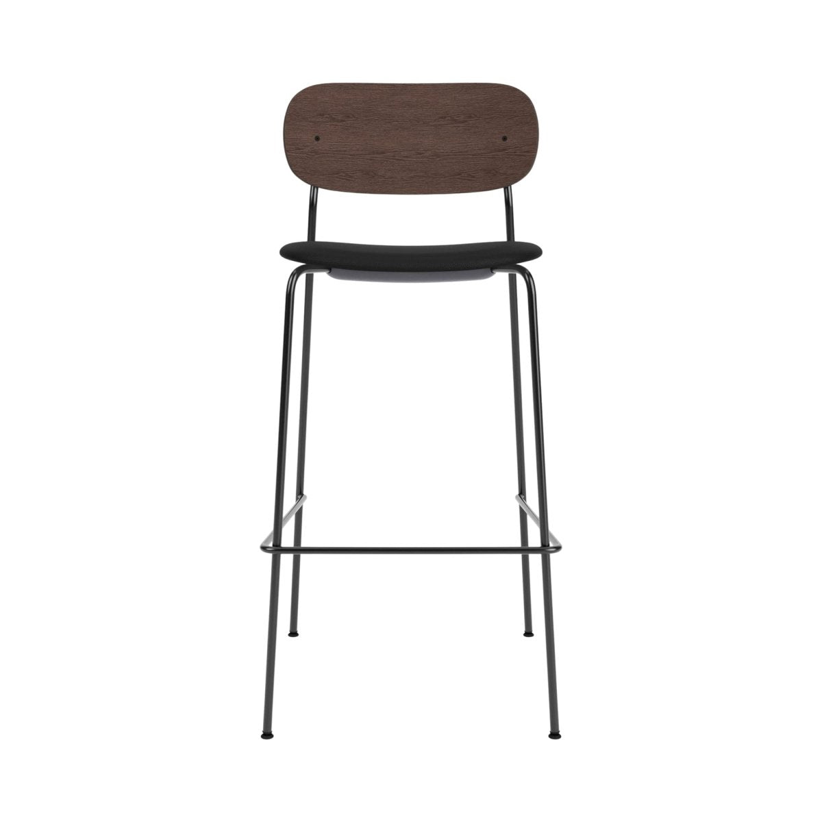 Co Bar Chair with a black upholstered seat, dark wood backrest and slender black steel frame with a built-in footrest.