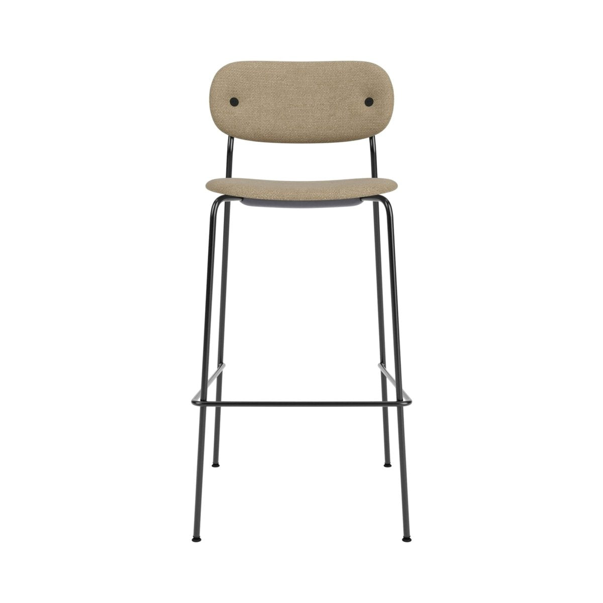 Co Bar Chair, Upholstered, shown from the front with a slender black steel frame and beige textured fabric.
