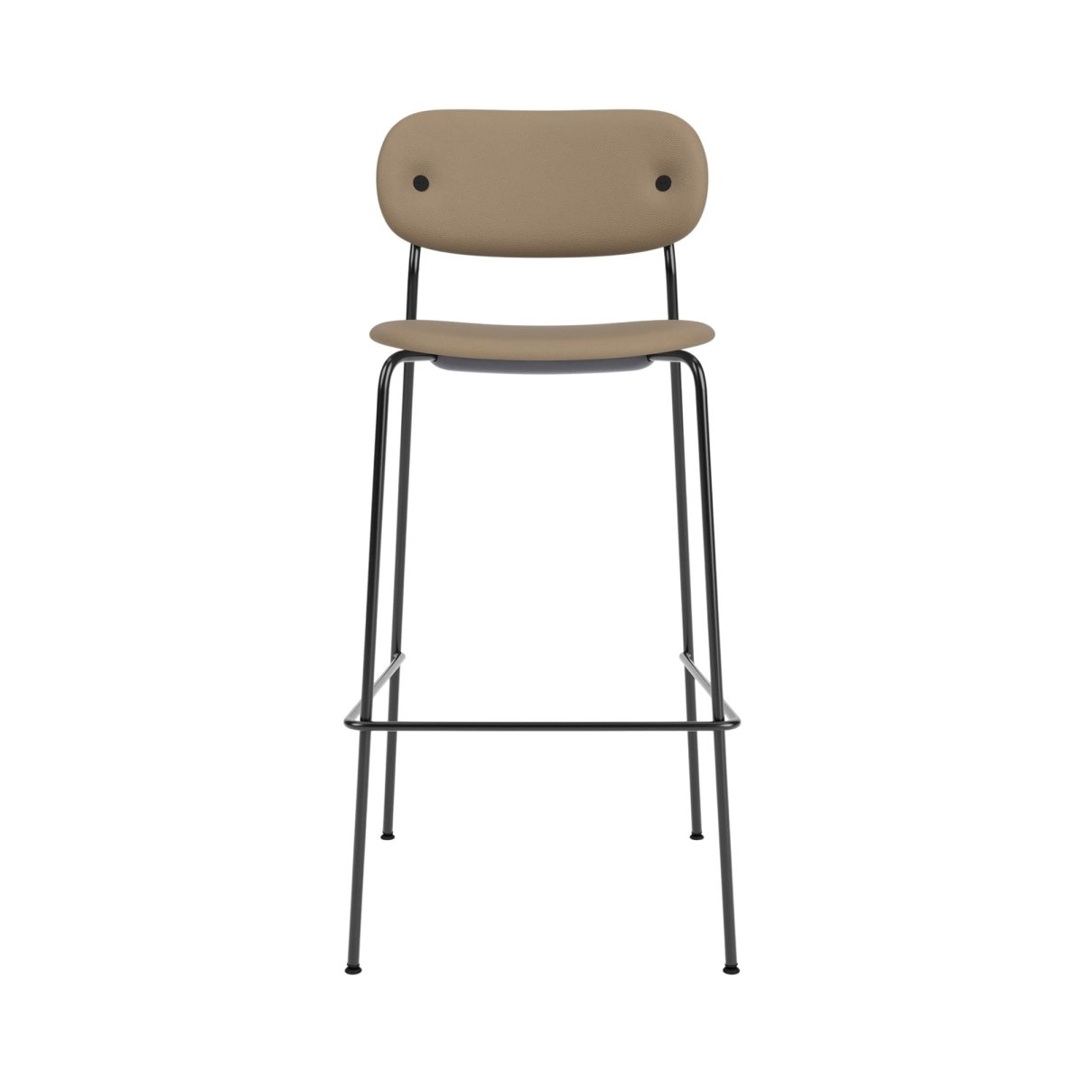 Co Bar Chair with a slender black steel frame and tan upholstered seat and backrest, shown from the front.
