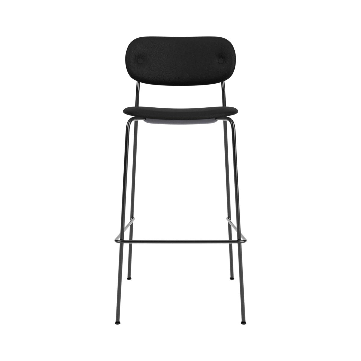 Black Co Bar Chair, Upholstered, with a slender powder-coated steel frame and matching black upholstered seat and back.