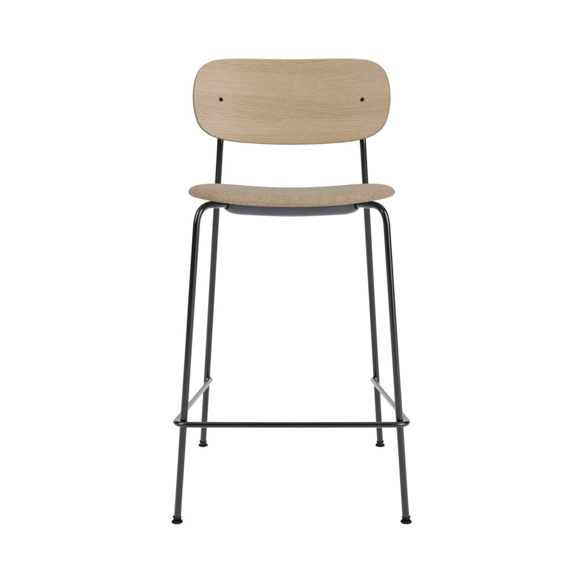 Co Counter Chair, Upholstered, featuring a natural oak backrest and beige fabric seat on a slender black steel frame.