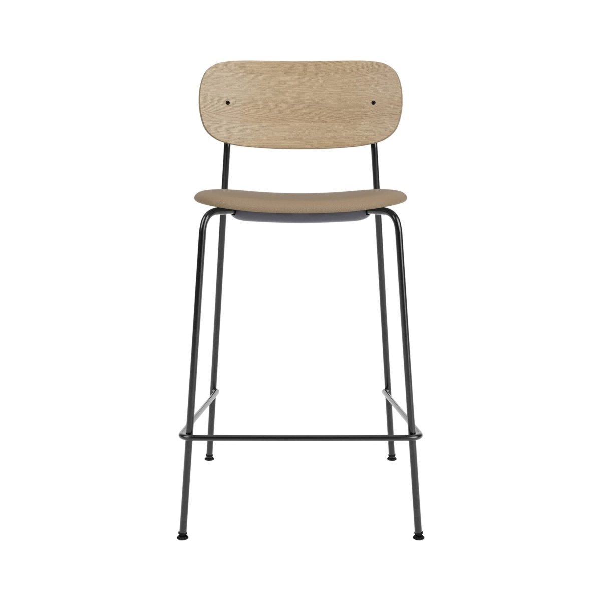 Co Counter Chair, Upholstered, featuring a natural oak backrest and tan seat on a slender black steel frame.