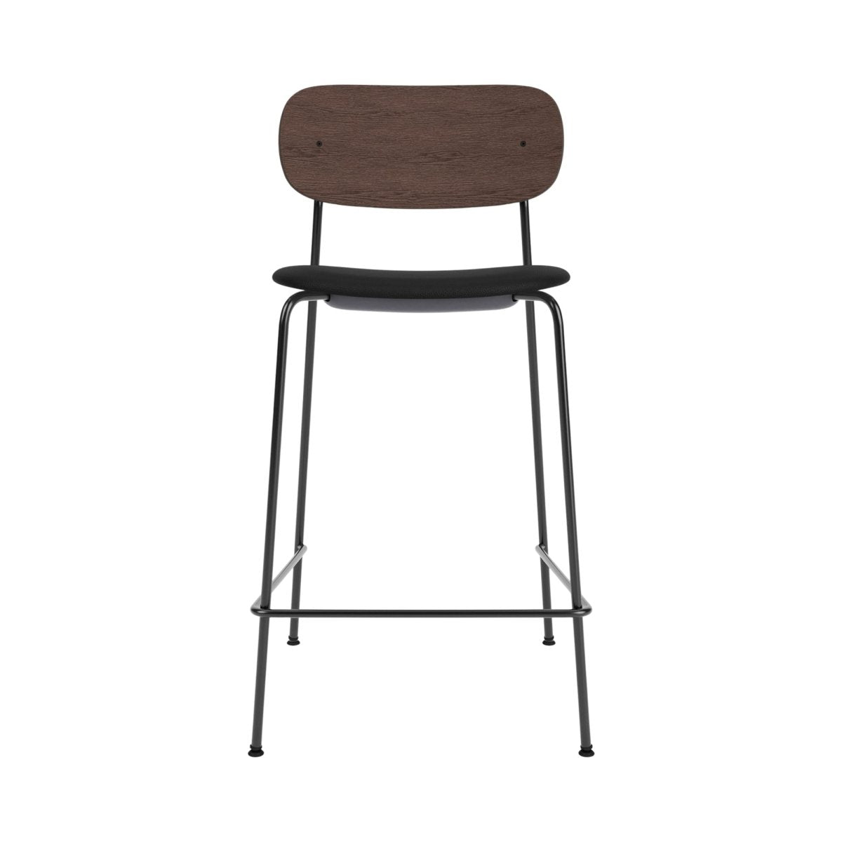 Front view of the Co Counter Chair, Upholstered, with a dark stained oak backrest and black steel frame.