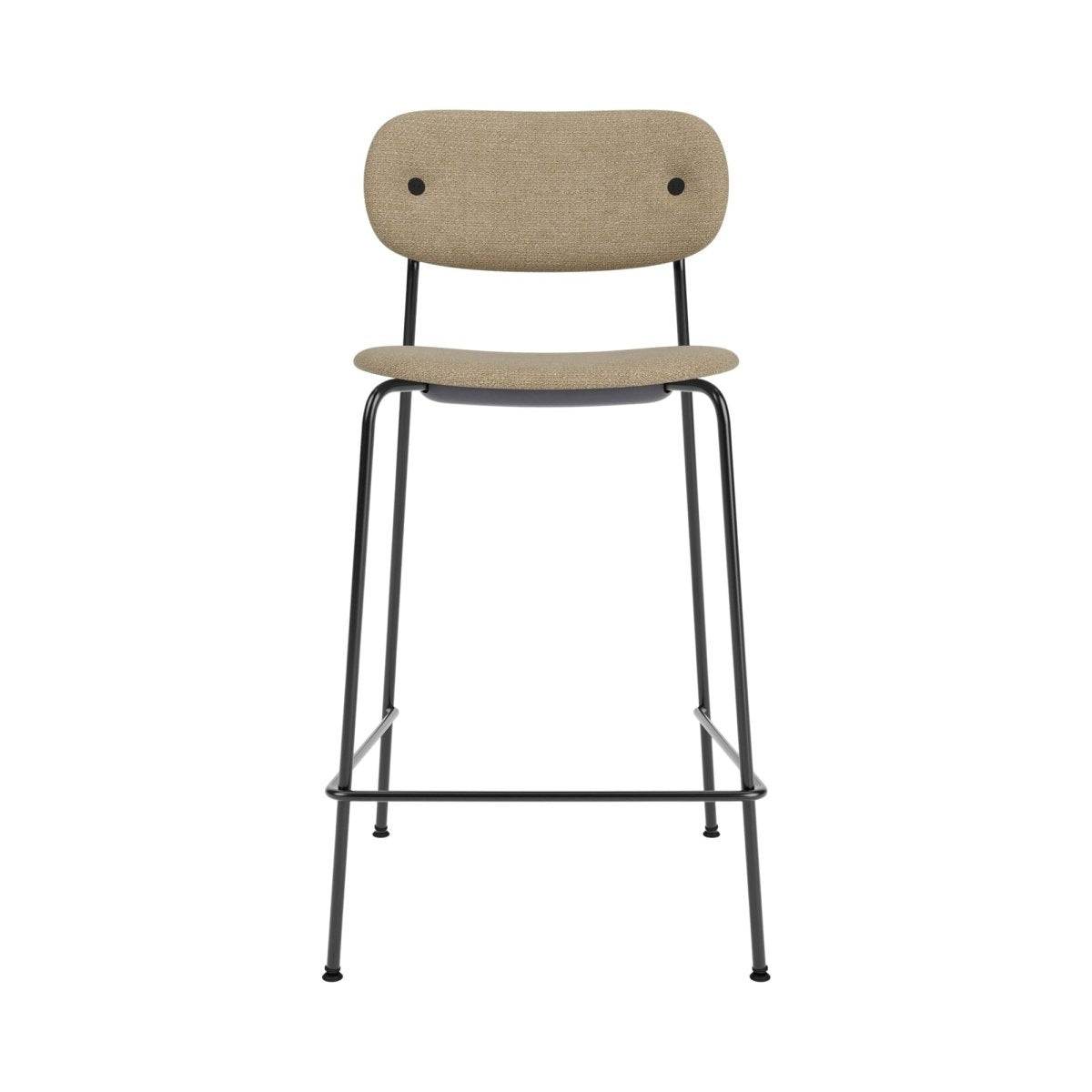 The Co Counter Chair, Upholstered seen from the front with a black steel frame and beige fabric upholstery.