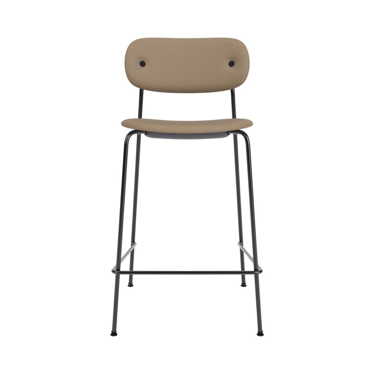Co Counter Chair, Upholstered, in tan leather with a slender black steel frame and footrest, shown from the front.