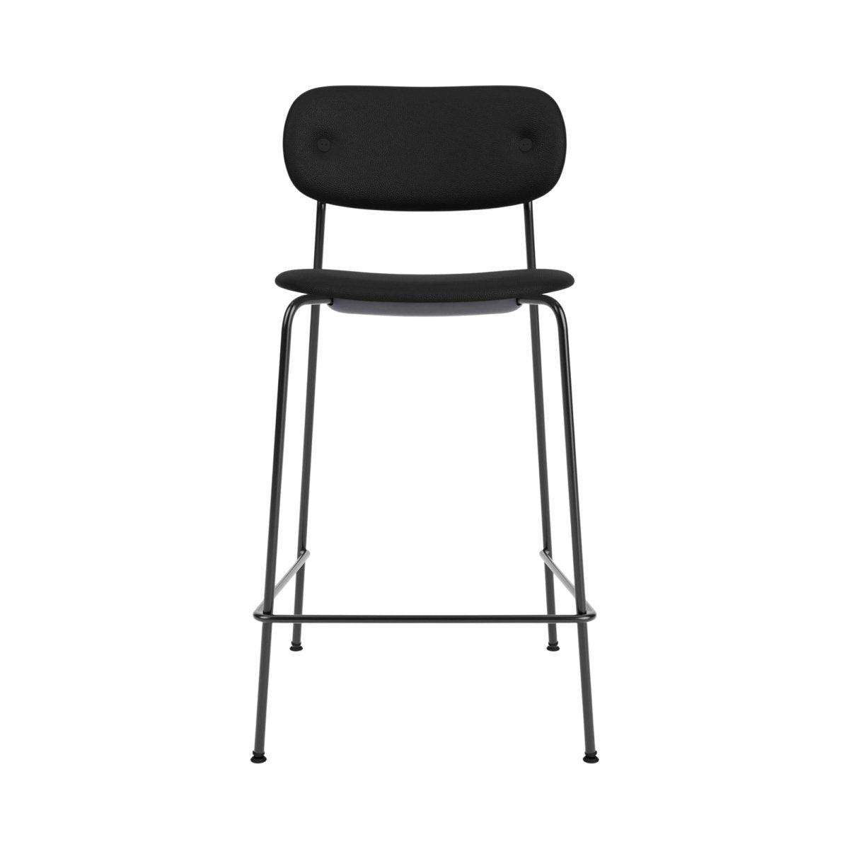 Front view of the Co Counter Chair, Upholstered, with black leather and a slender black powder-coated steel frame.