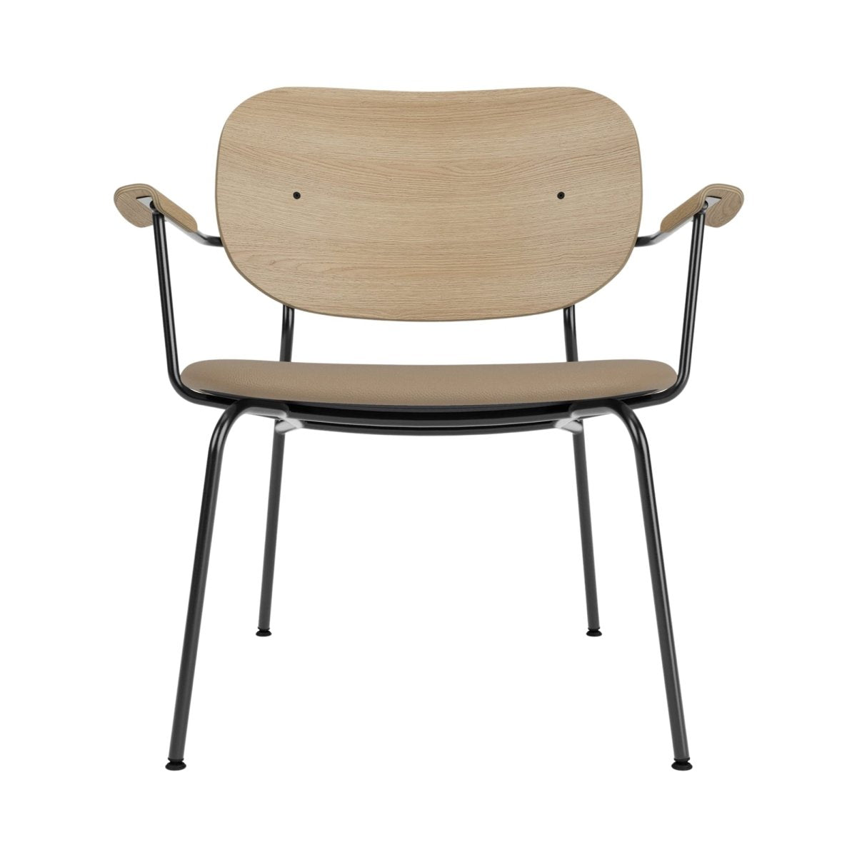 Front view of the Co Lounge Chair, Partially Upholstered, with a natural oak backrest and a slender black steel frame.