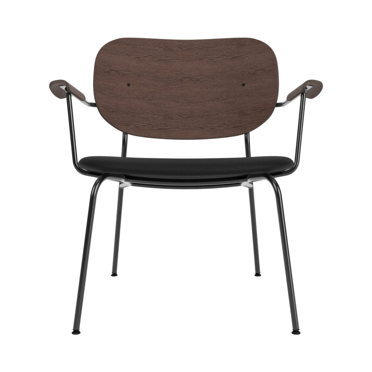Front view of the Co Lounge Chair with a dark stained oak backrest, black upholstered seat and black steel frame.