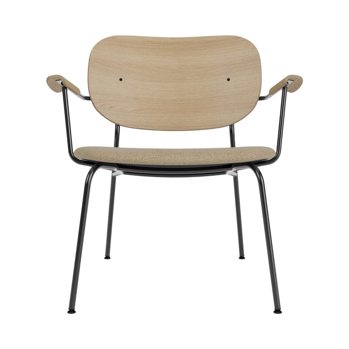 Front view of the Co Lounge Chair, Partially Upholstered, with natural oak veneer, beige seat and black steel frame.