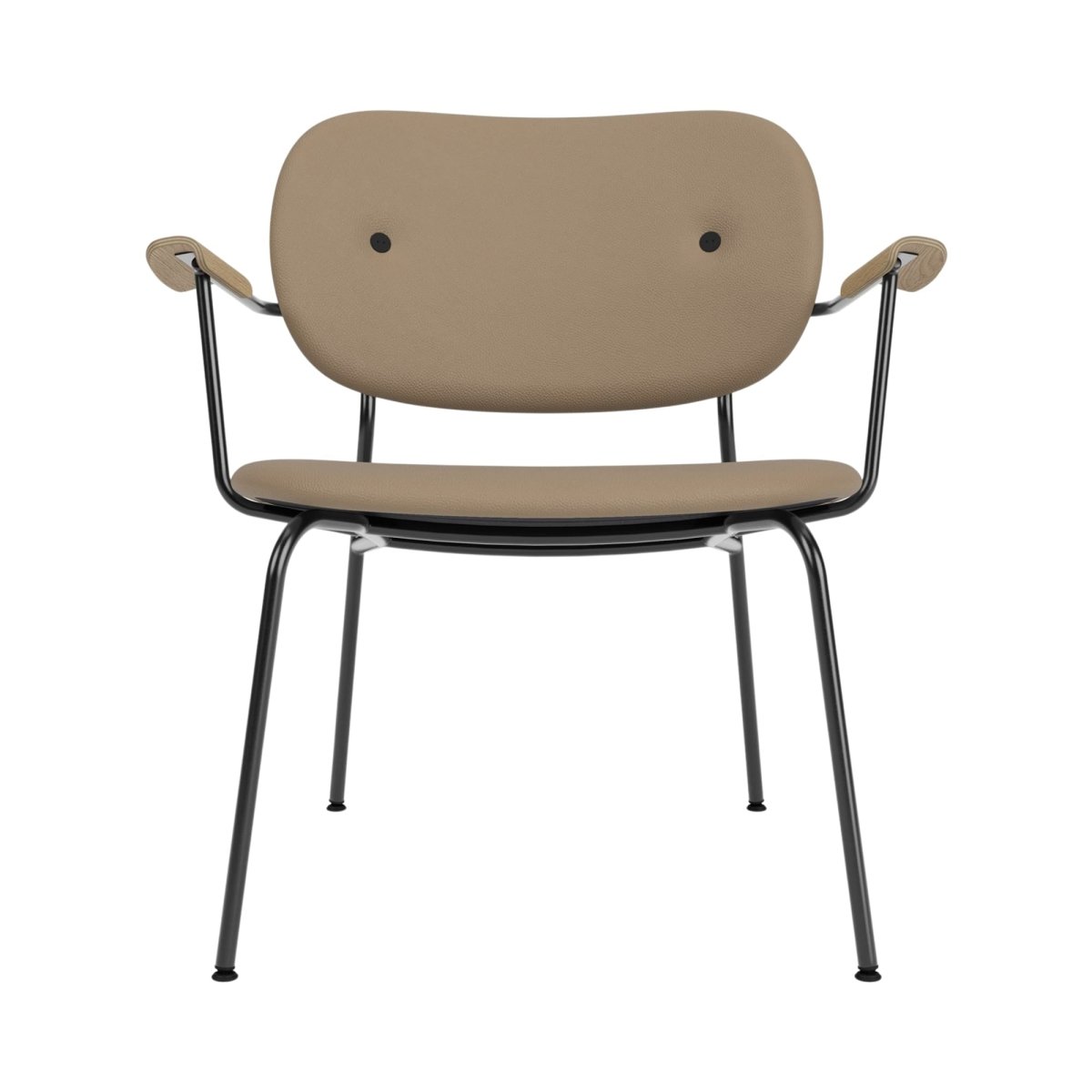 Front view of the fully upholstered Co Lounge Chair in tan leather with a black steel frame and natural oak armrests.