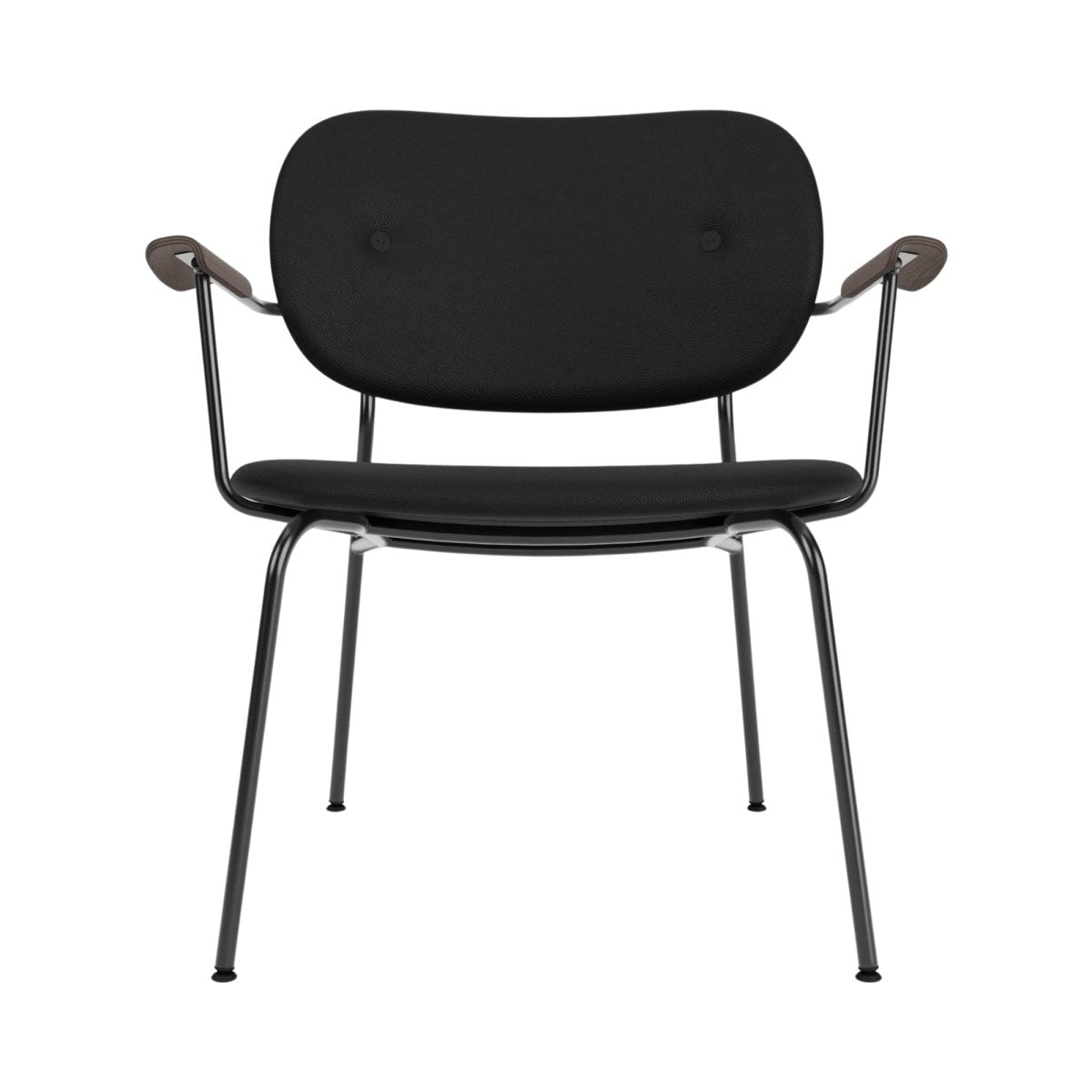 Front view of the Co Lounge Chair, Fully Upholstered, in black leather with dark wood armrests and a black steel frame.
