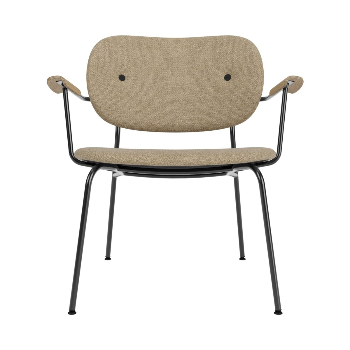 Co Lounge Chair, Fully Upholstered in beige bouclé fabric with natural oak armrests and a slender black steel frame.