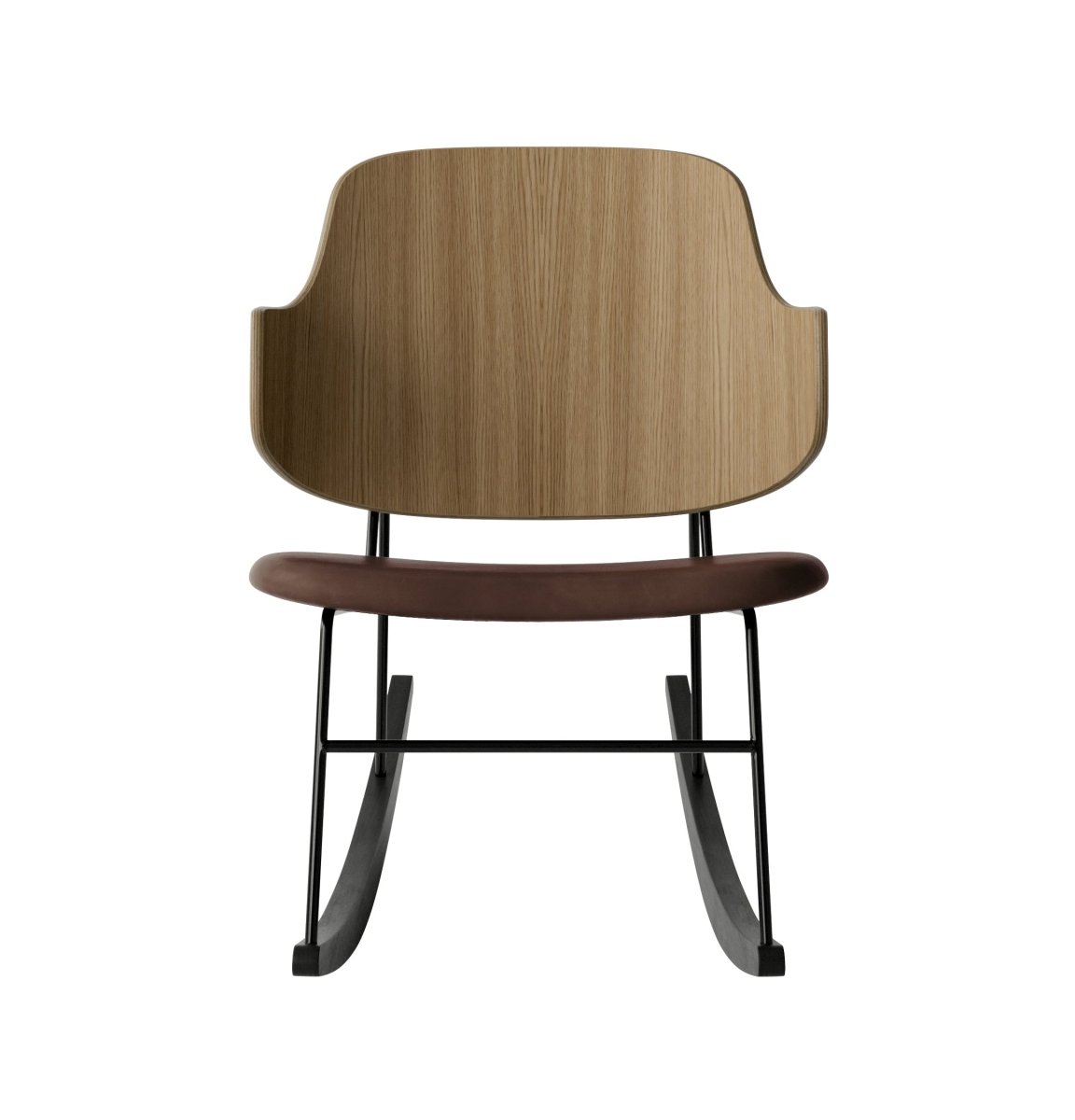 Front view of The Penguin Rocking Chair with a natural oak back, brown leather seat, black steel frame and black ash rockers.
