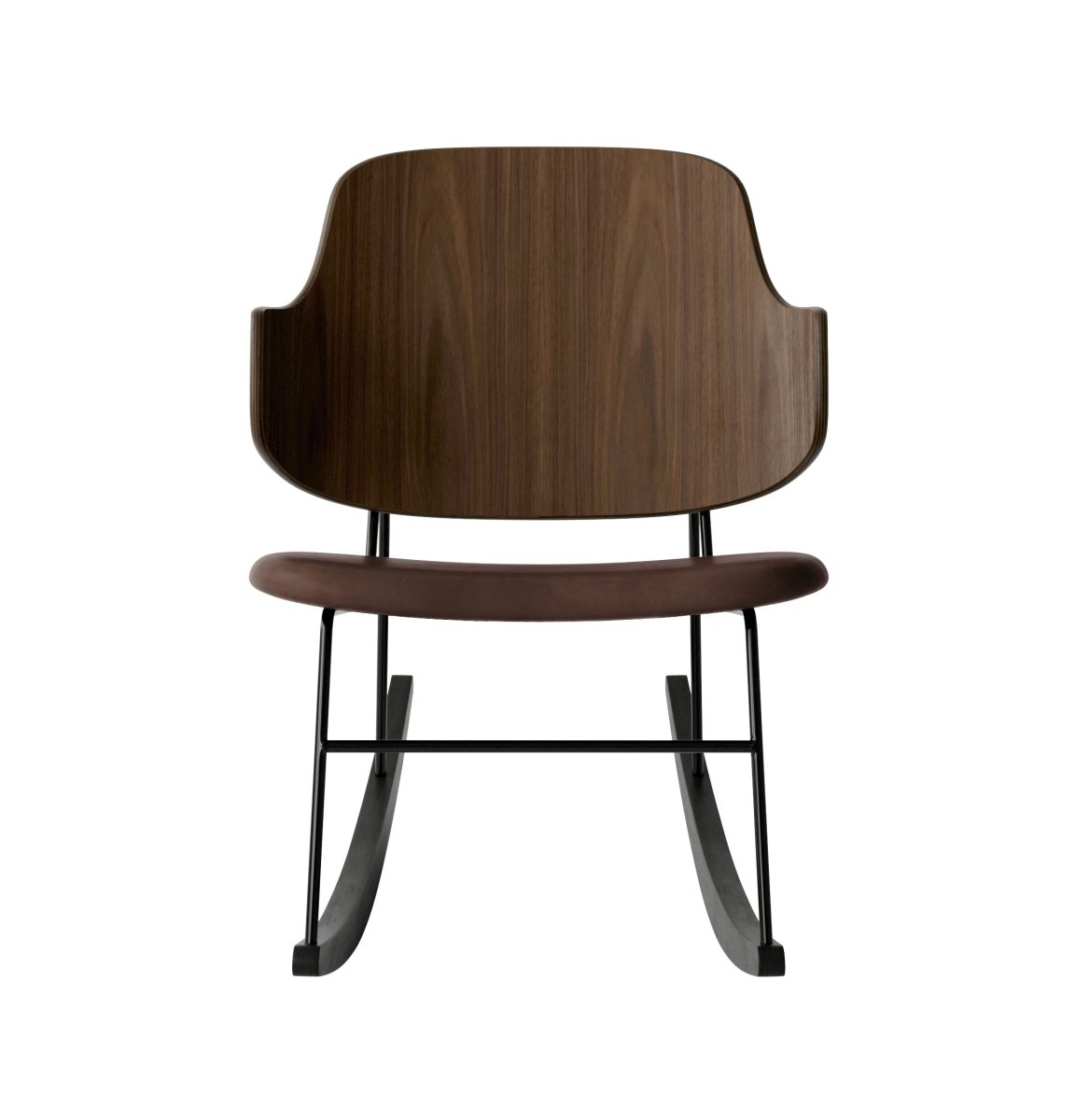 Front view of The Penguin Rocking Chair with a walnut back, brown leather seat, and black steel frame on black ash rockers.