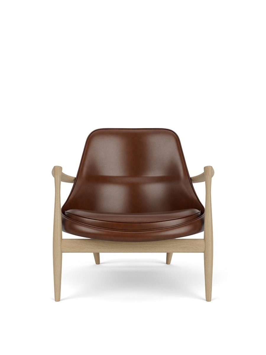 Front view of the Elizabeth Lounge Chair in natural oak with brown leather upholstery against a white background.