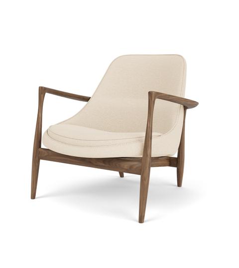 Angled view of the Elizabeth Lounge Chair featuring a dark walnut wood frame and cream-colored fabric upholstery.