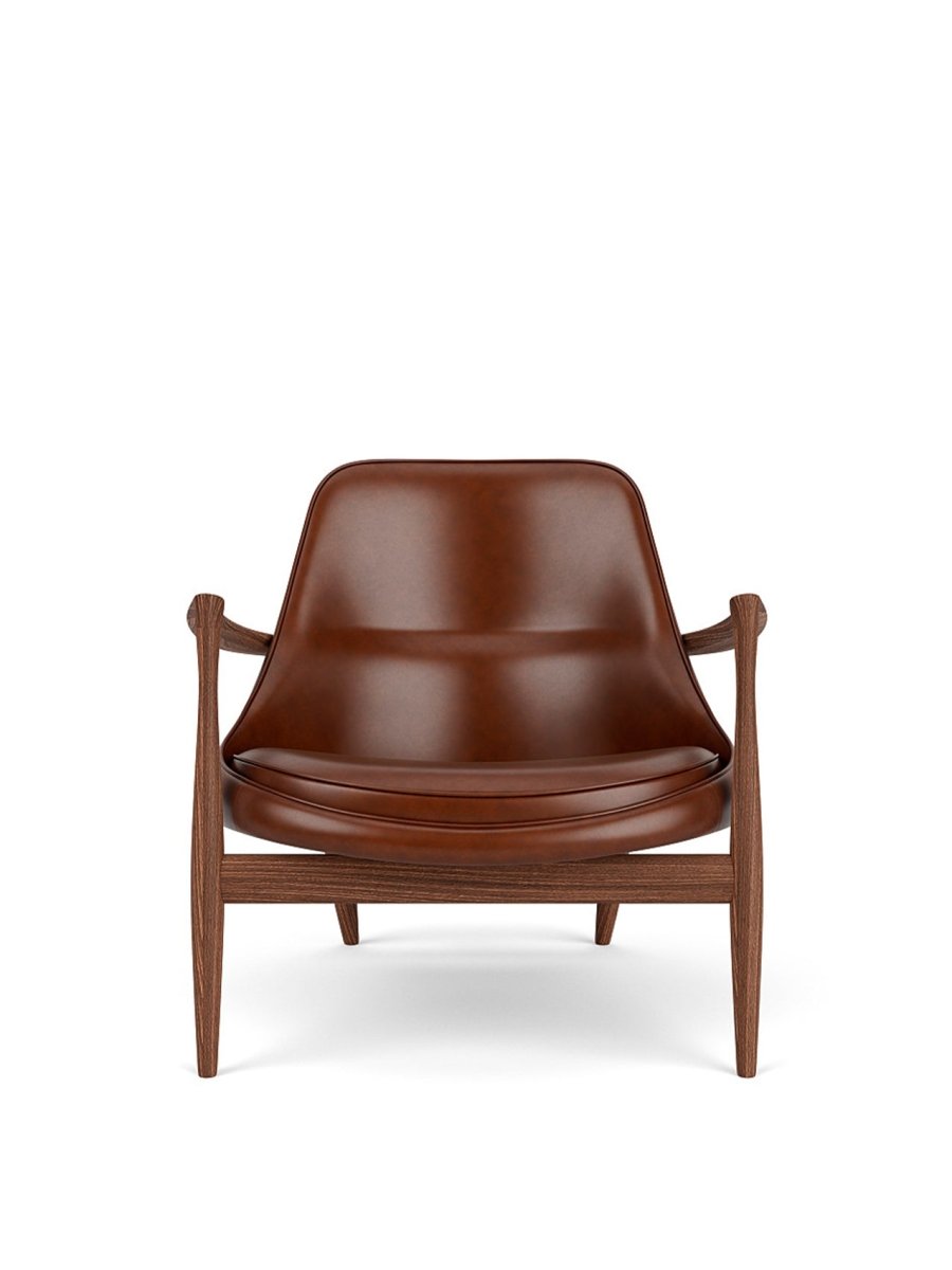 Front view of the Elizabeth Lounge Chair in oiled walnut with Dakar leather upholstery, set against a plain white background.