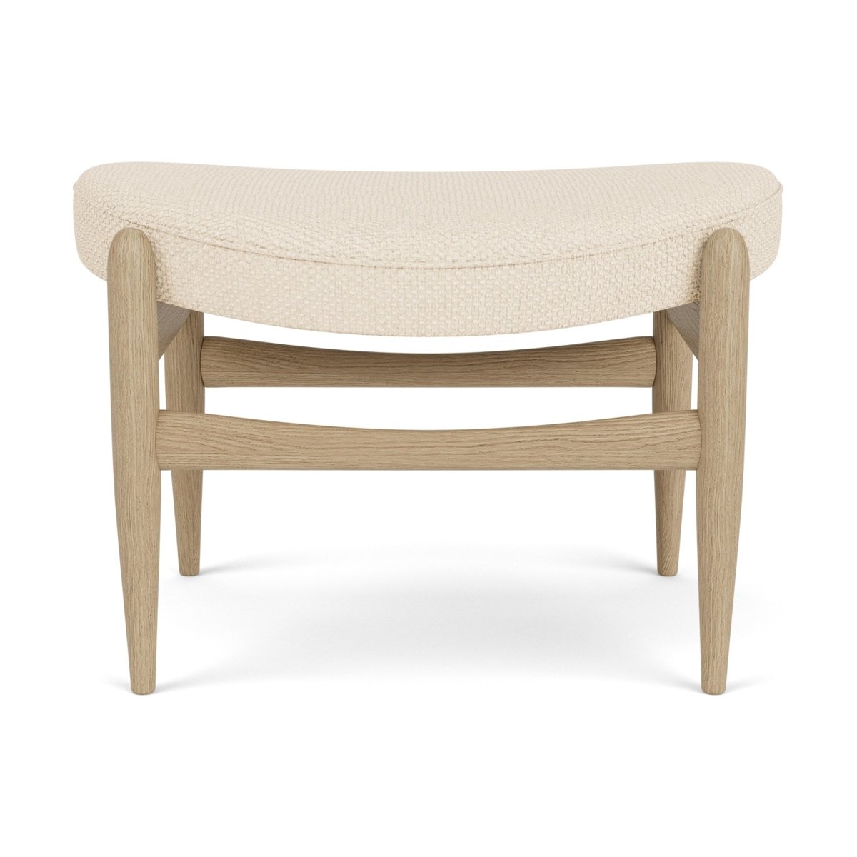 Front view of the Elizabeth Ottoman featuring a natural oak frame and cream textured fabric upholstery.