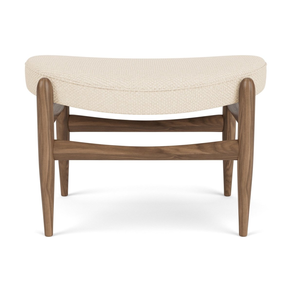 Elizabeth Ottoman in walnut with a curved, light beige textured seat, shown from a clean front-facing angle.