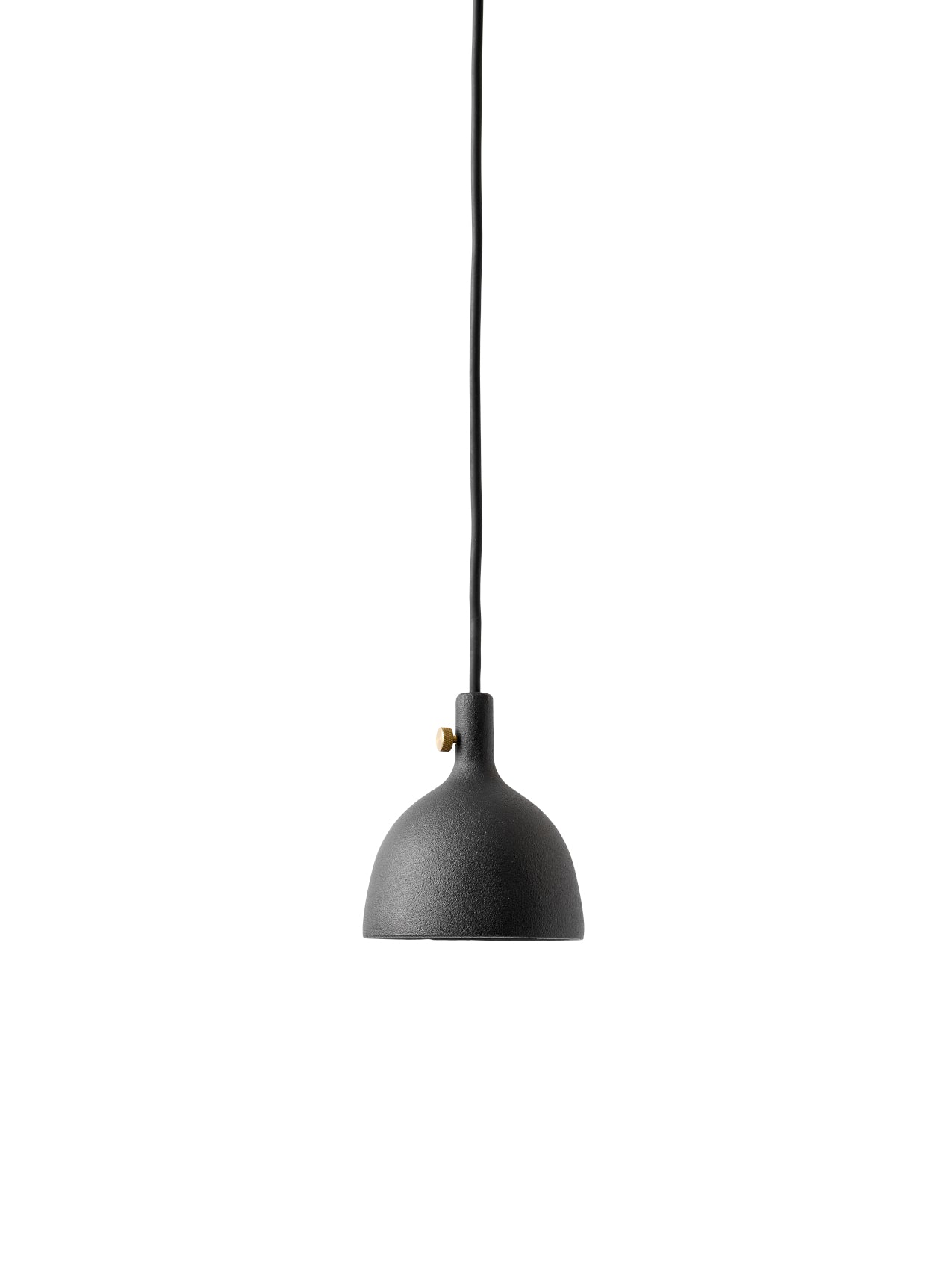 A black Cast Pendant, Shape 2, with a textured finish and brass detail, hanging from a black cord against a white background.