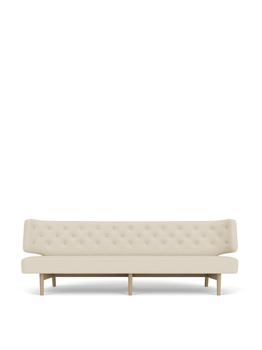 Front view of the Radiohus Sofa, 3-Seater, upholstered in light beige fabric with button tufting and natural oak legs.