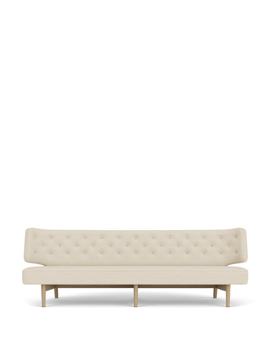 Front view of the Radiohus Sofa, 3-Seater, upholstered in light beige fabric with button tufting and natural oak legs.