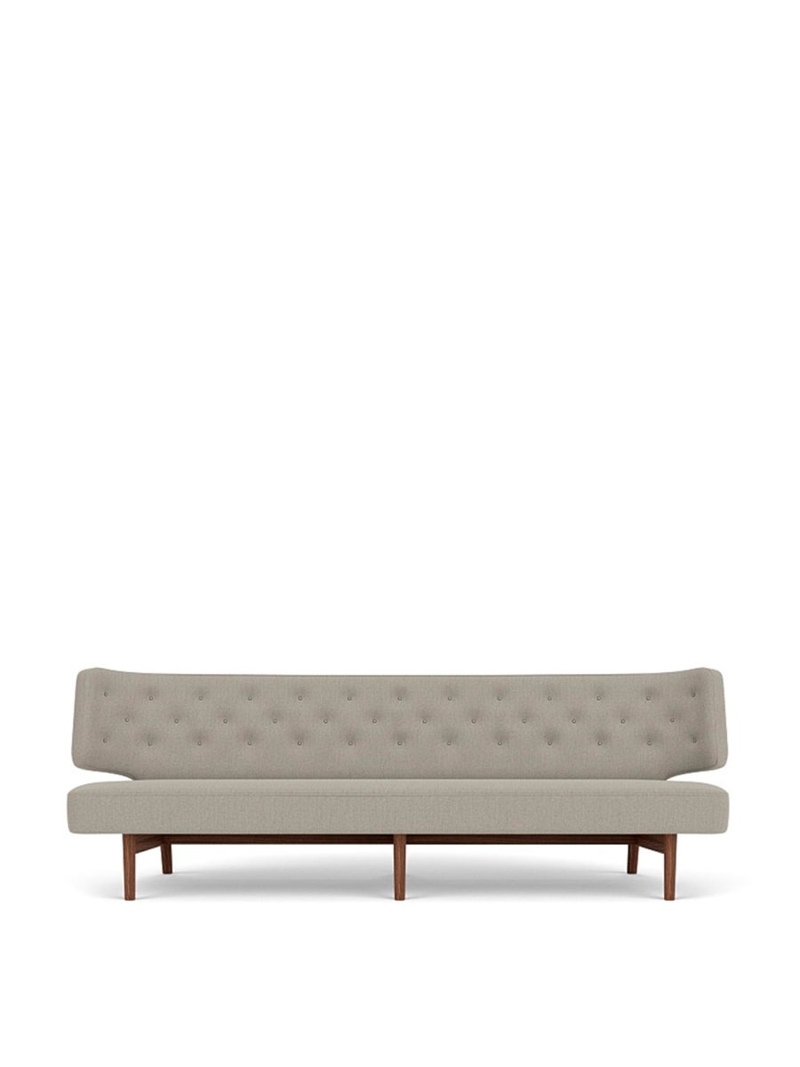 Front view of the Radiohus Sofa P3 upholstered in Re-Wool 218 fabric with an oiled solid walnut frame.
