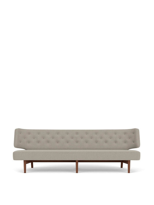 Front view of the Radiohus Sofa P3 upholstered in Re-Wool 218 fabric with an oiled solid walnut frame.