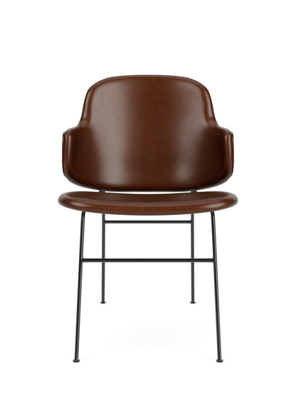 Front view of The Penguin Dining Chair, Fully Upholstered in rich brown Dakar leather with a sleek black steel frame.
