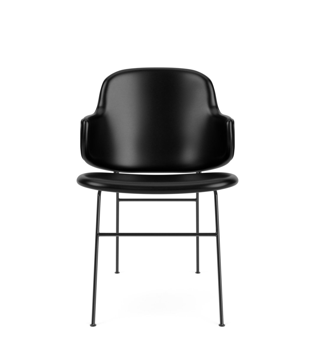 Front view of The Penguin Dining Chair, Fully Upholstered in black Dakar 0842 leather with a black steel frame.