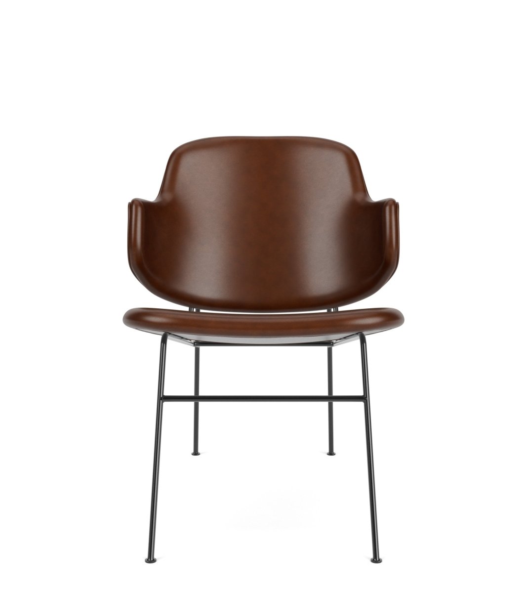 Front view of The Penguin Lounge Chair, Fully Upholstered in brown Dakar leather with a slender black steel frame.