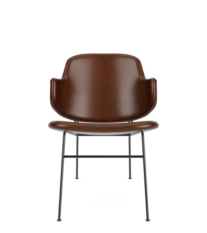 Front view of The Penguin Lounge Chair, Fully Upholstered in brown Dakar leather with a slender black steel frame.