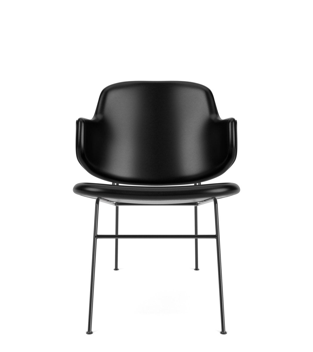Front view of The Penguin Lounge Chair, Fully Upholstered in black Dakar leather with slim black powder-coated steel legs.
