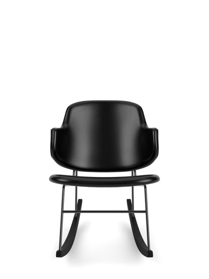 Front view of The Penguin Rocking Chair, Fully Upholstered in black leather, with a slim black metal frame and rockers.