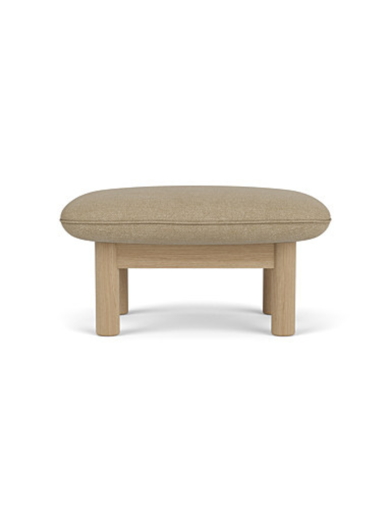Front view of the Brasilia Ottoman with a natural oak frame, four cylindrical legs and a thick, rounded beige cushion.
