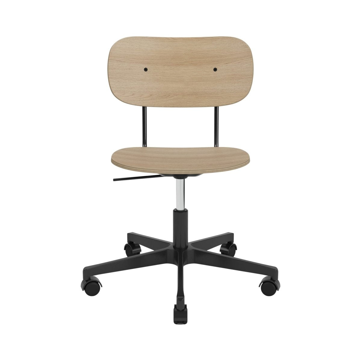Co Task Chair, Non-Upholstered, featuring a natural oak seat and back on a black five-star swivel base with casters.