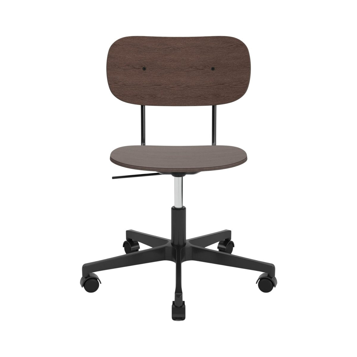 Co Task Chair in dark stained oak with a non-upholstered seat and back on a black five-star swivel base with casters.