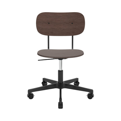 Co Task Chair in dark stained oak with a non-upholstered seat and back on a black five-star swivel base with casters.